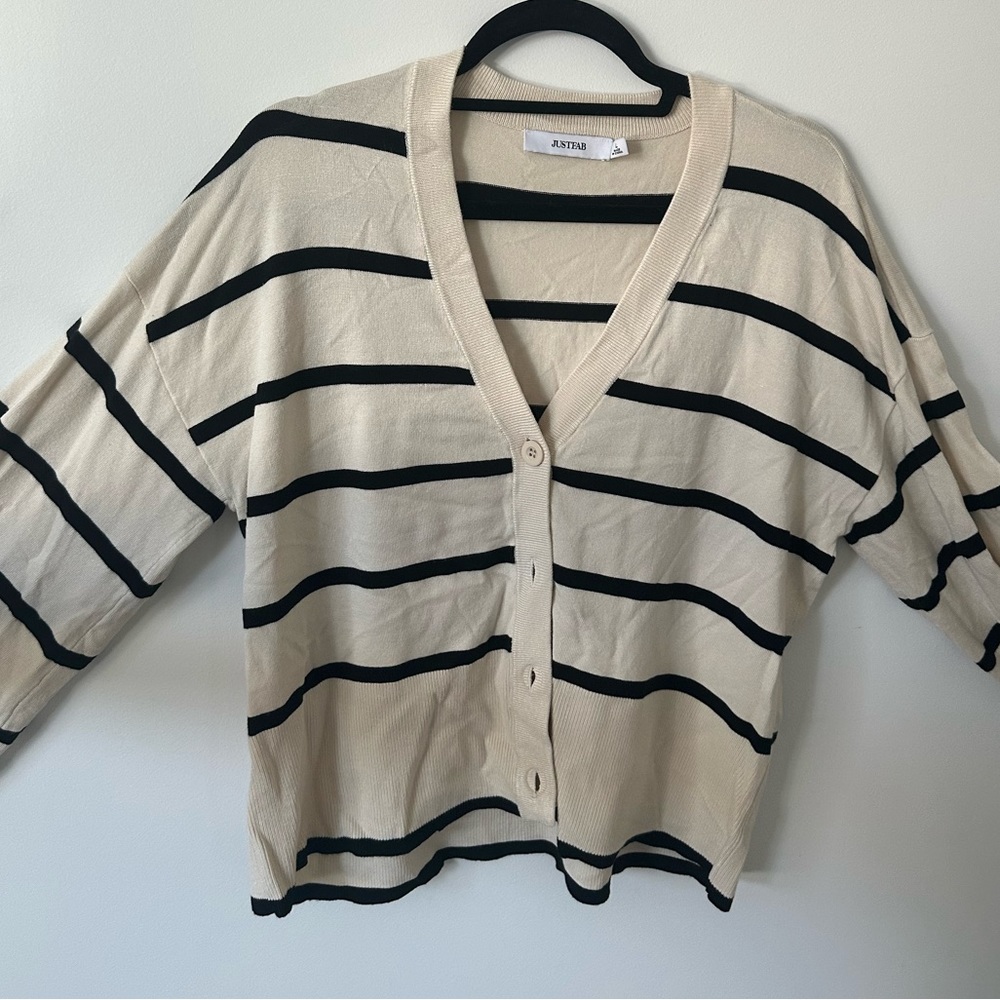 Black & Cream Striped Bell-Sleeve Cardigan